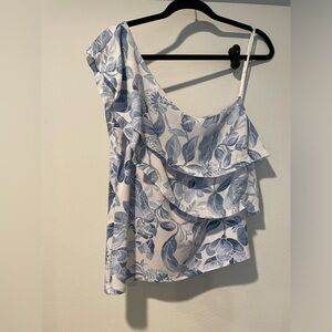 White House Black Market Blue and White Floral One-Shoulder Top